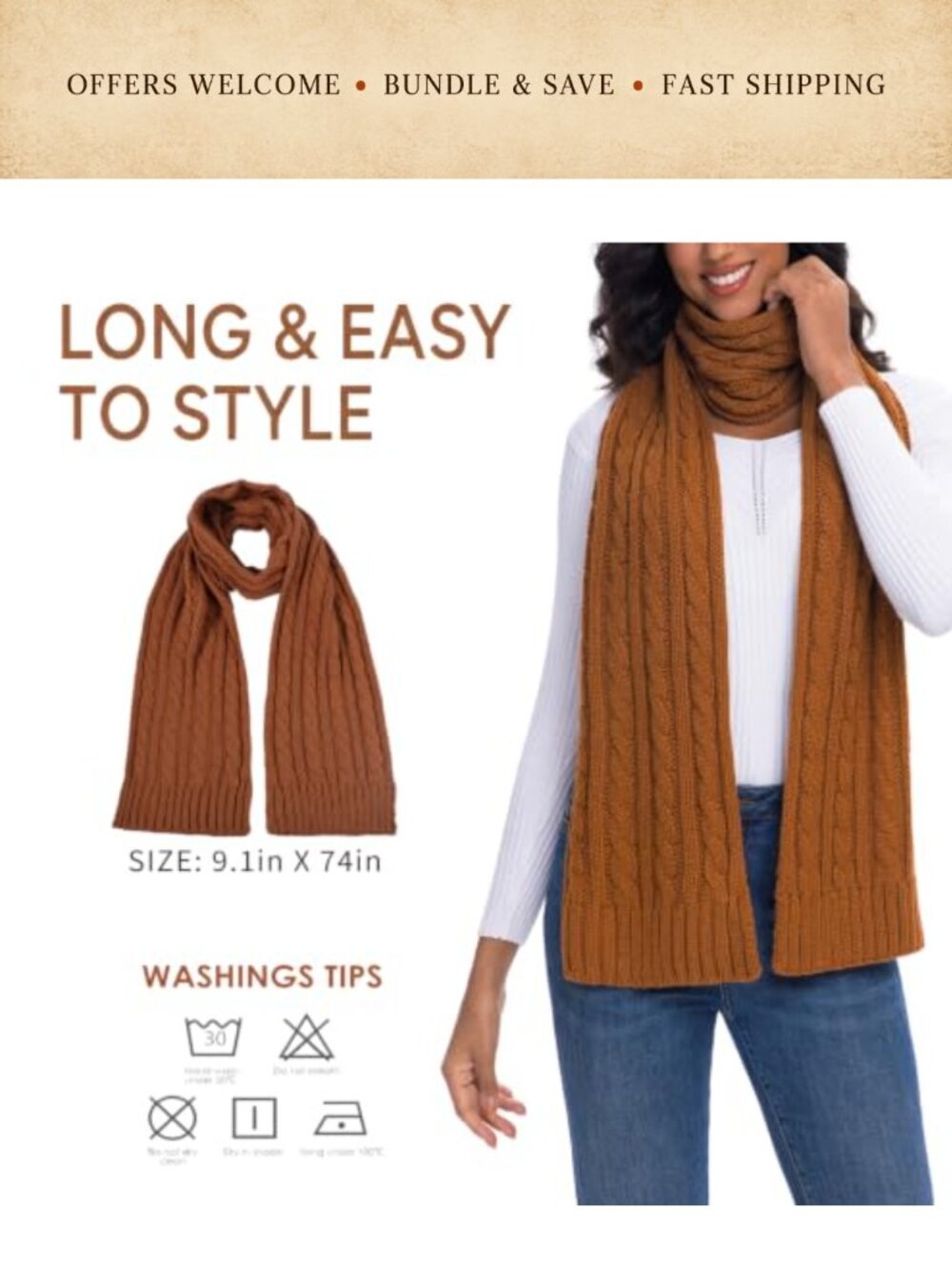 Cable Knit Ribbed Winter Scarf Polyester Long Rectangular - Picture 6 of 6